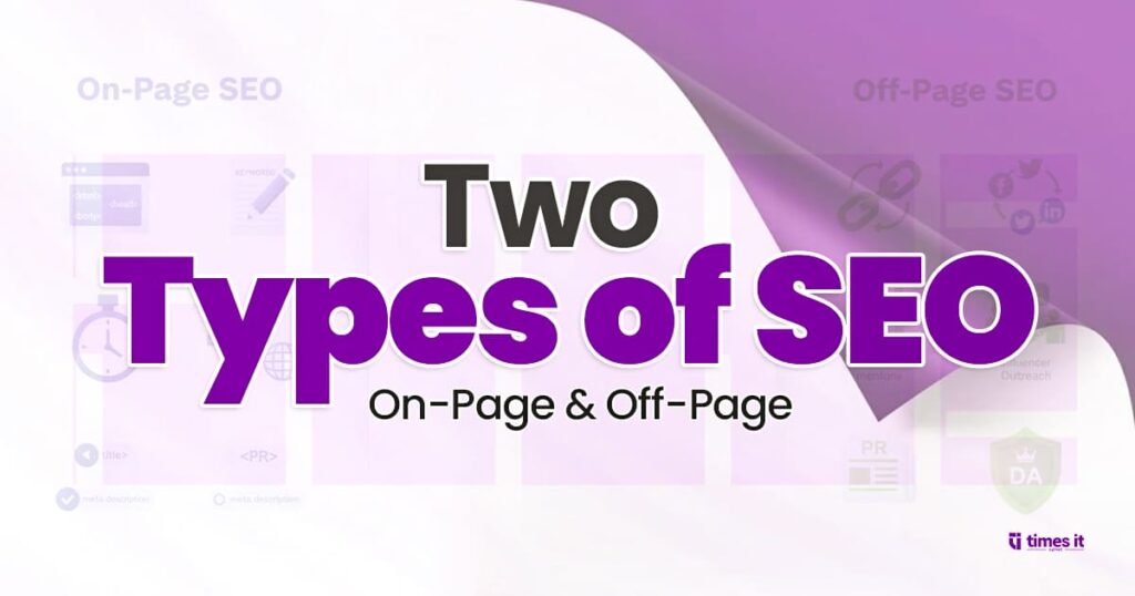 Graphic showing the title ‘Two Types of SEO – On-Page & Off-Page’ with a split background illustrating on-page SEO elements on the left and off-page SEO elements on the right in purple and white theme.