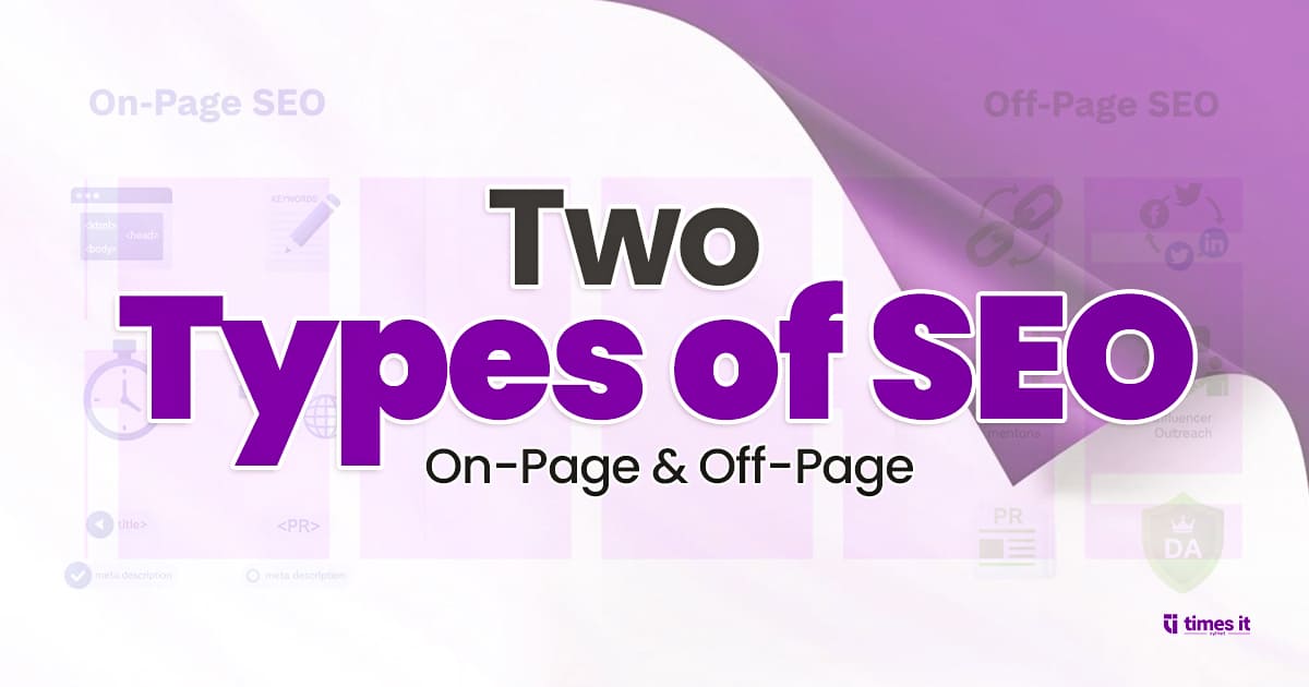 Graphic showing the title ‘Two Types of SEO – On-Page & Off-Page’ with a split background illustrating on-page SEO elements on the left and off-page SEO elements on the right in purple and white theme.