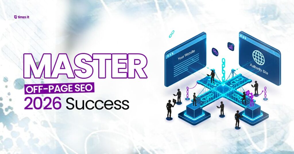 Digital illustration showing off-page SEO process with link building between ‘Your Website’ and ‘Authority Site’, featuring people working on interconnected platforms, created by Times IT.