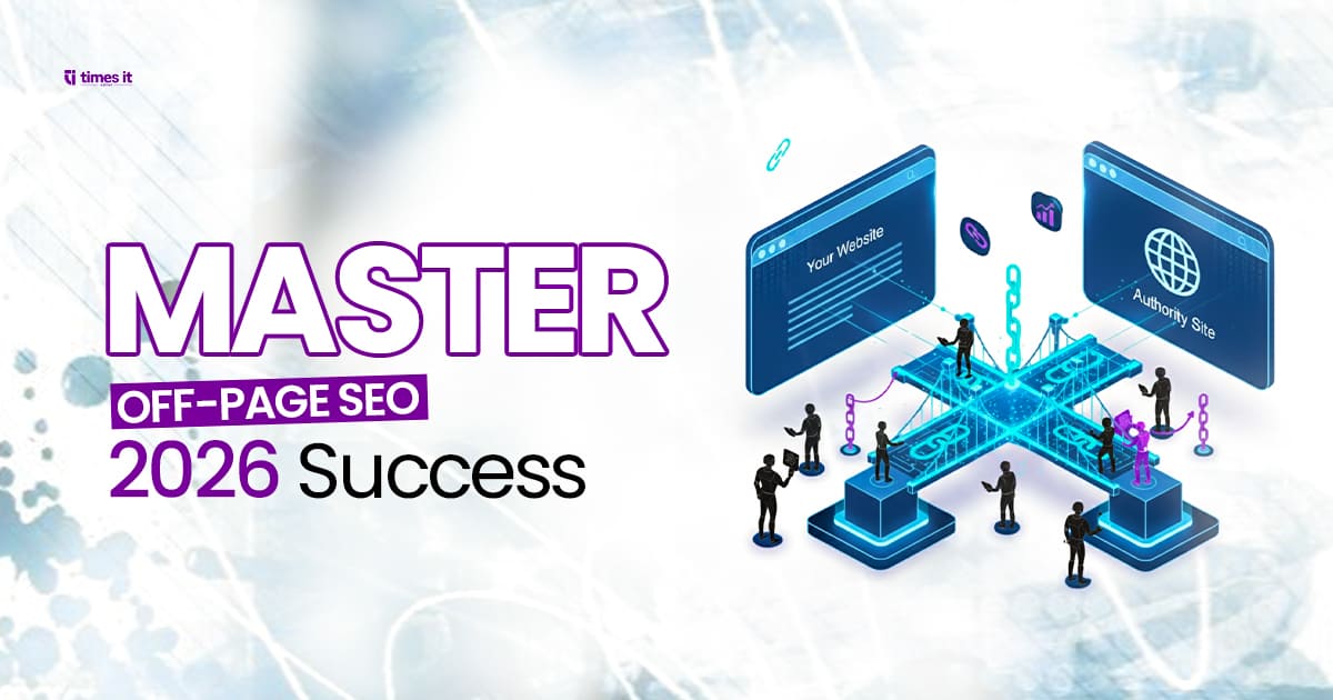 Digital illustration showing off-page SEO process with link building between ‘Your Website’ and ‘Authority Site’, featuring people working on interconnected platforms, created by Times IT.