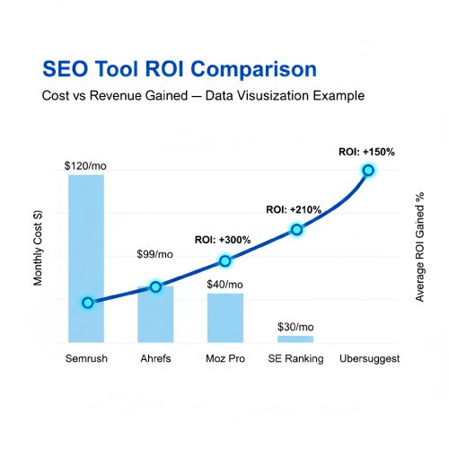 Bar and line chart comparing SEO tool costs (Semrush, Ahrefs, Moz Pro, SE Ranking, Ubersuggest) versus the Average ROI Gained, illustrating the return on investment for professional keyword research tools.