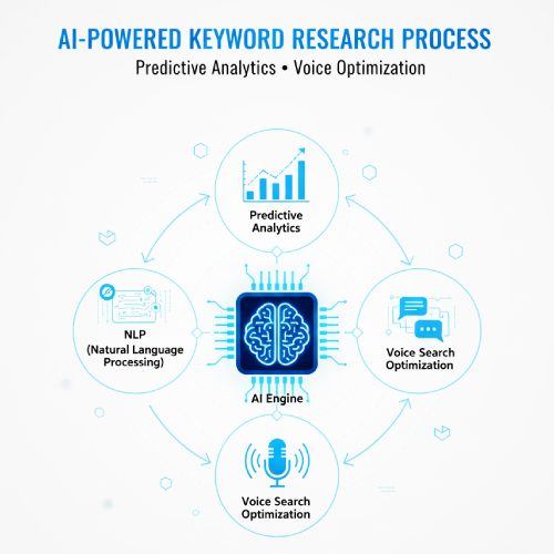 Infographic of an AI-powered keyword research process showing an AI engine at the center connected to predictive analytics, NLP (natural language processing), and multiple voice search optimization elements.