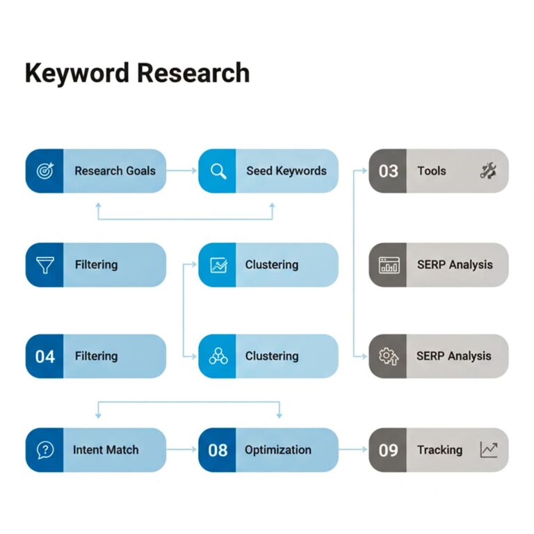 A 9-step process diagram illustrating the framework for How to Do Keyword Research for SEO, starting with Research Goals and ending with Tracking.