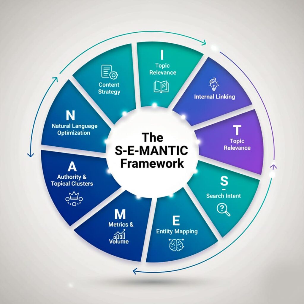 Circular infographic illustrating The S-E-M-A-N-T-I-C Framework, detailing eight steps for advanced content strategy, including Topic Relevance, Internal Linking, Entity Mapping, and Natural Language Optimization.