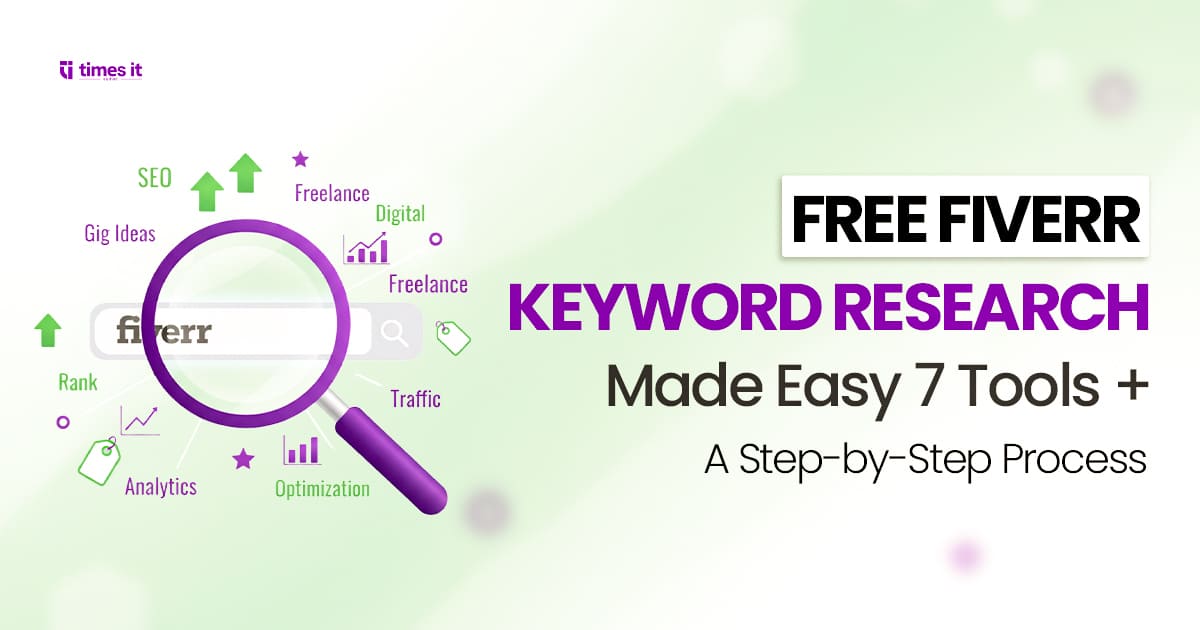 Banner titled "FREE FIVERR KEYWORD RESEARCH Made Easy: 7 Tools + A Step-by-Step Process," demonstrating how to Fiverr keyword research tool free with a magnifying glass over a search bar.