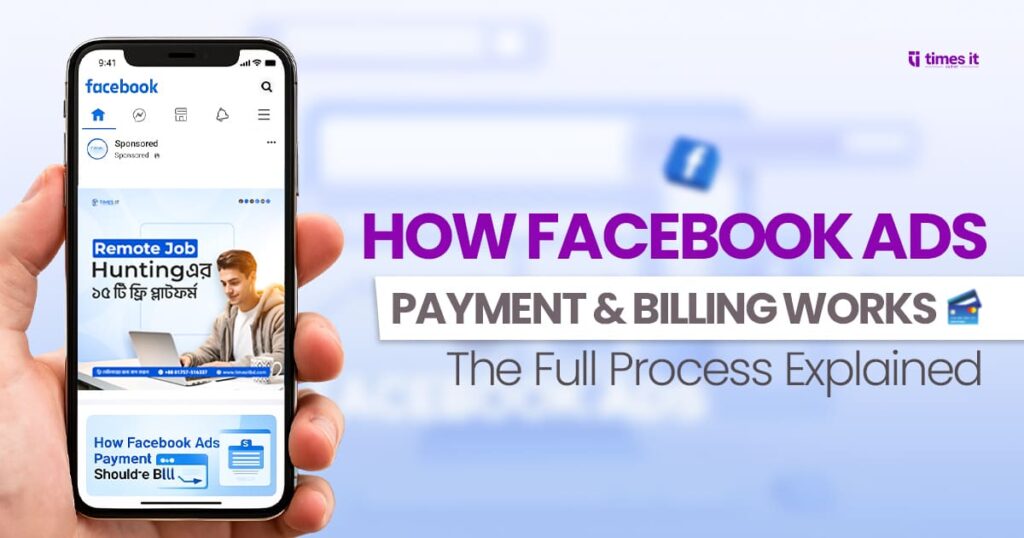Mobile screenshot and banner titled "How Facebook Ads Payment Works," explaining the full billing and payment process for digital advertising on Facebook.