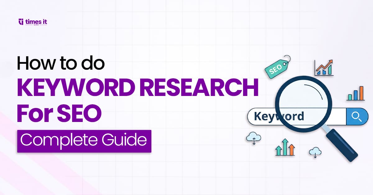Infographic titled "How to do Keyword Research For SEO Complete Guide," showing a magnifying glass over a search bar labeled 'Keyword' with small graphics representing traffic, growth, and analytics.
