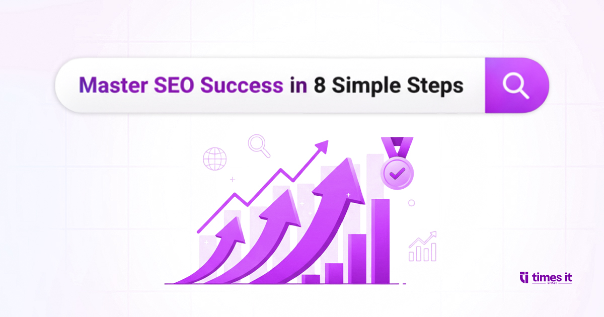 Banner graphic showing the text ‘Master SEO Success in 8 Simple Steps’ in a search bar, with purple growth arrows and bar charts illustrating SEO improvement—ideal for content about How-to-Use-a-Keyword-Research-Tool and boosting rankings.
