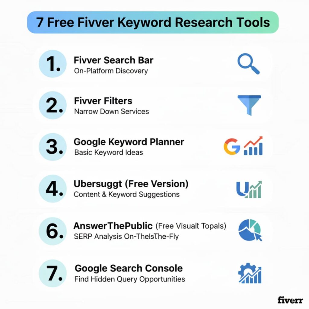 List infographic detailing 7 free keyword research tools and methods (Fiverr Search Bar, Google Keyword Planner, Ubersuggest, AnswerThePublic, Google Search Console) that show users how to Fiverr keyword research tool free.
