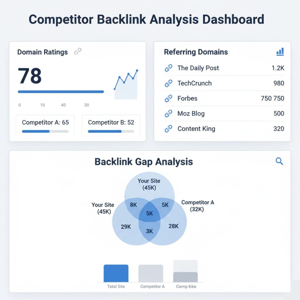 Competitor Backlink Analysis Dashboard showing domain ratings, referring domains, backlink gaps, and comparative graphs for SEO competitor research.