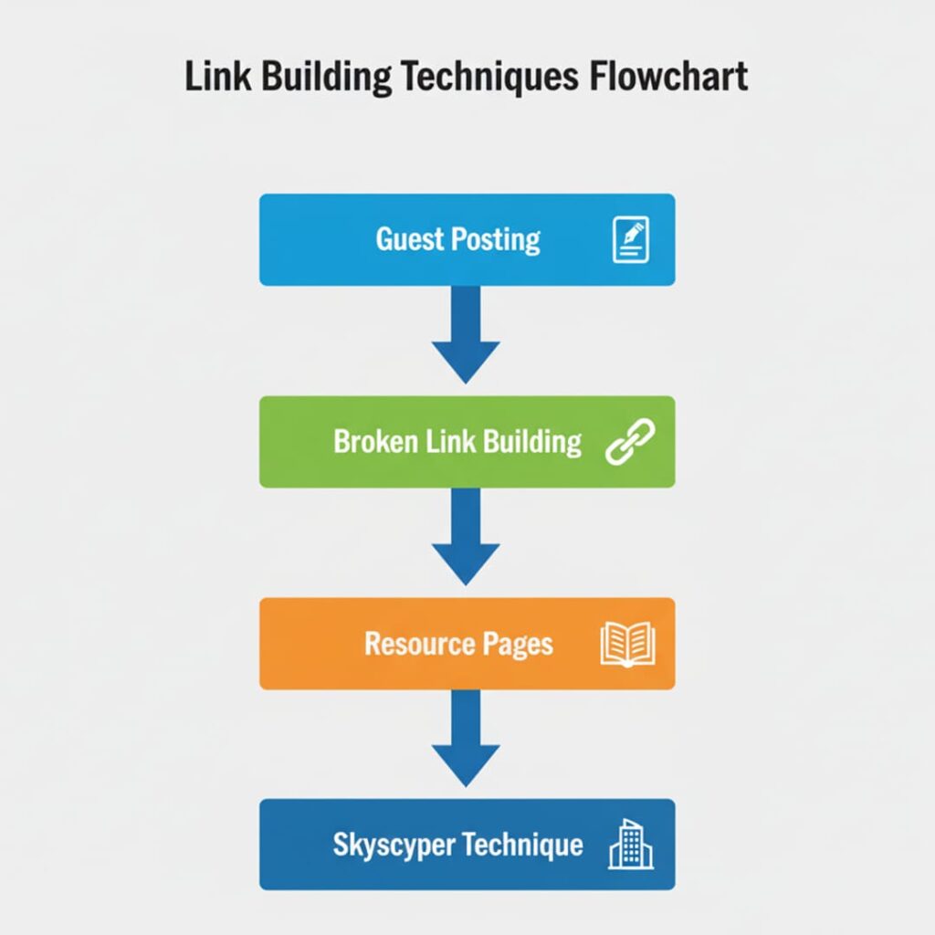 Flowchart of link building techniques showing four stages: Guest Posting, Broken Link Building, Resource Pages, and Skyscraper Technique, each in colored boxes with icons and downward arrows.