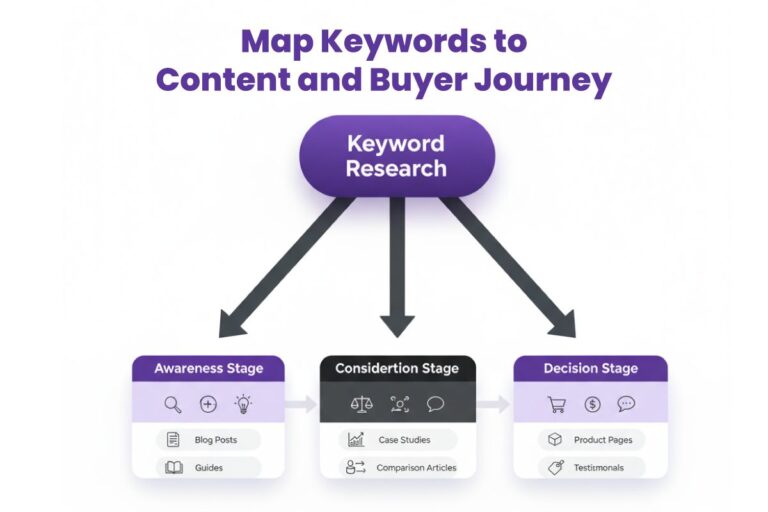 Flowchart illustrating what to do after keyword research by mapping keywords to the Buyer Journey (Awareness, Consideration, Decision) and assigning appropriate content types like Blog Posts, Case Studies, and Product Pages.