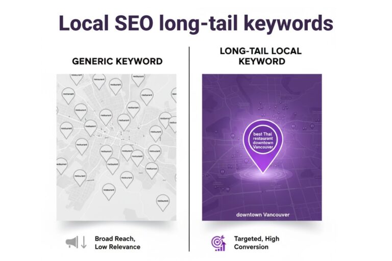 Map-based illustration comparing a 'Generic Keyword' ('restaurant') with a 'Long-Tail Local Keyword' ('best Thai restaurant downtown Vancouver'), demonstrating the high relevance of Long-Tail Keywords for Small Business Local SEO.