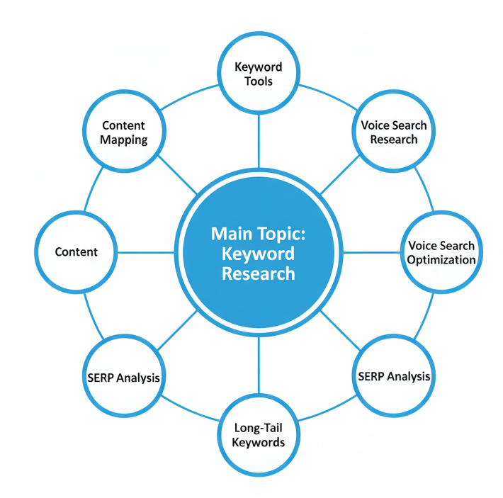 Semantic keyword cluster infographic showing ‘Keyword Research’ at the center with related clusters like keyword tools, search intent, SERP analysis, long-tail keywords, content mapping, and voice search optimization—useful for guides on How-to-Use-a-Keyword-Research-Tool.