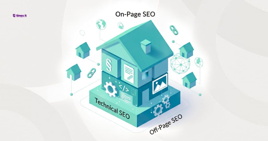 Illustration of a house representing the three pillars of SEO—On-Page SEO, Off-Page SEO, and Technical SEO—with icons of links, gears, documents, and small houses surrounding it.