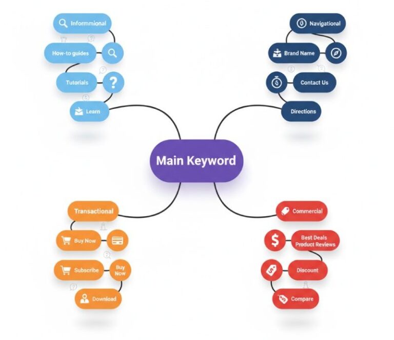 A mind map diagram showing what to do after keyword research by organizing keywords into four search intent categories: Informational, Navigational, Transactional, and Commercial.