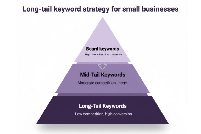 Pyramid diagram illustrating the optimal Long-Tail Keywords for Small Business strategy, showing Broad Keywords at the top (High competition), Mid-Tail Keywords in the middle, and Long-Tail Keywords at the bottom (Low competition, High conversion).