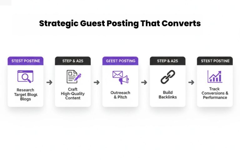 Infographic showing the strategic guest posting workflow, including researching target blogs, crafting high-quality content, performing outreach and pitching, building backlinks, and tracking conversions and performance.