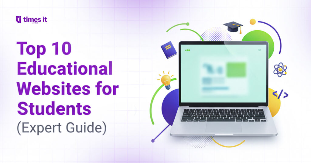 A promotional graphic for educational websites for students featuring a laptop surrounded by colorful icons like a graduation cap, book, and lightbulb.