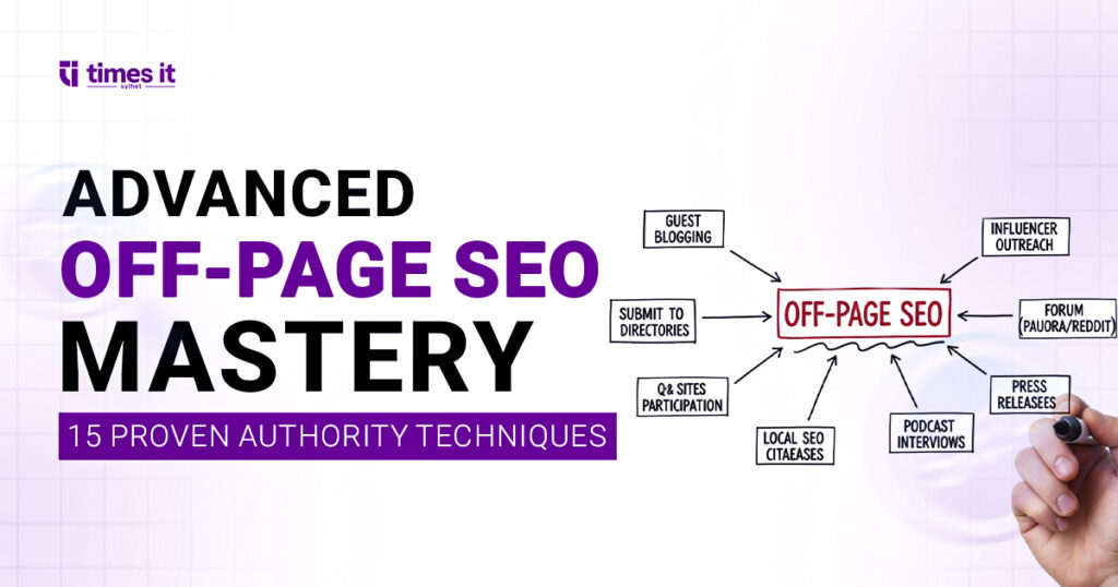 This image visually explains advanced and impactful off-page SEO techniques with a central label “Off-Page SEO” surrounded by strategies like guest blogging, influencer outreach, directory submissions, Q&A site participation, press releases, forum engagement, podcast interviews, and local SEO citations. Designed as a clean, professional graphic suitable for SEO guides and authority-building tutorials.