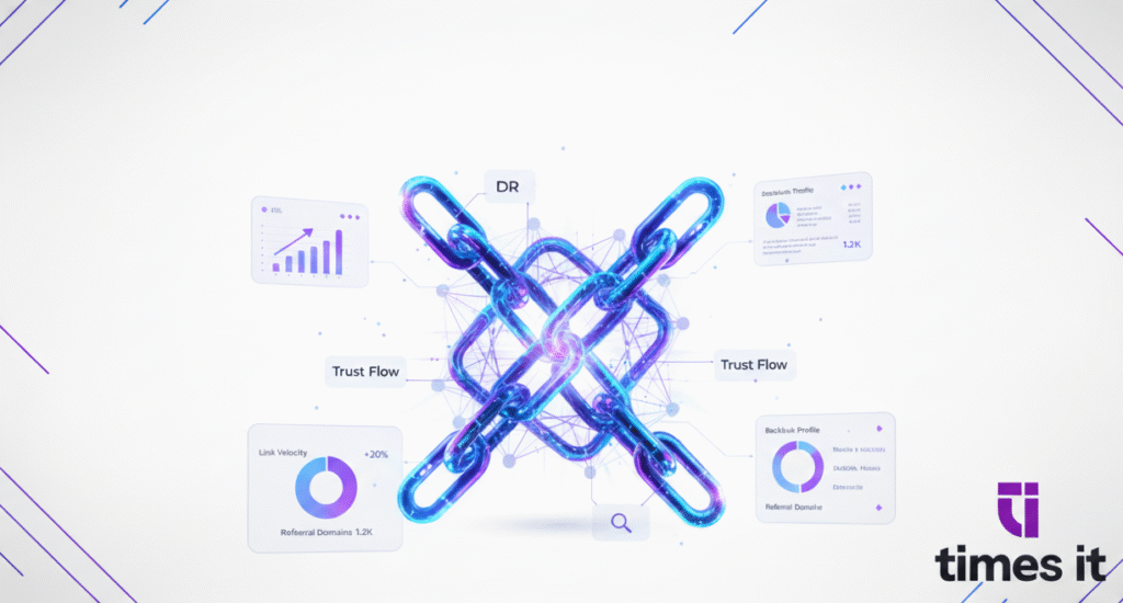 Futuristic digital chain links interconnected at the center, surrounded by analytics charts representing metrics like Trust Flow, DR, Link Velocity, and Backlink Profile, with the Times IT logo in the corner.