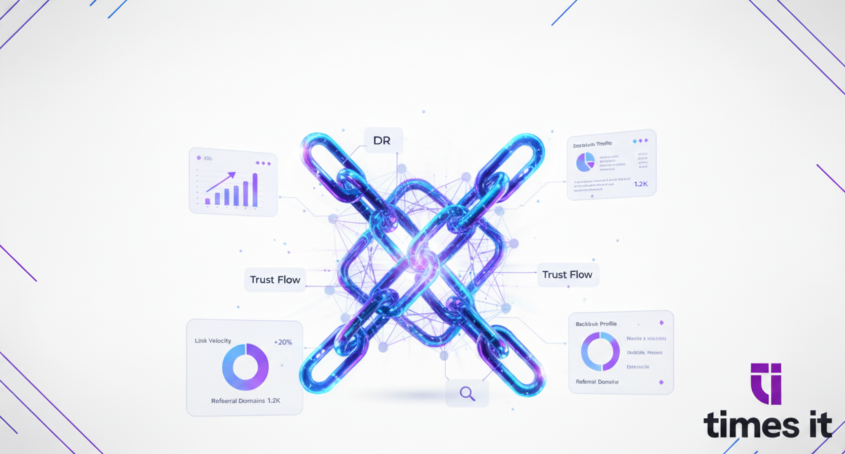 Futuristic digital chain links interconnected at the center, surrounded by analytics charts representing metrics like Trust Flow, DR, Link Velocity, and Backlink Profile, with the Times IT logo in the corner.