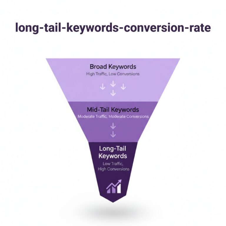 Inverted pyramid (funnel) diagram showing the relationship between keyword type and conversion rate, emphasizing that Long-Tail Keywords for Small Business provide the highest conversion rate despite low traffic.