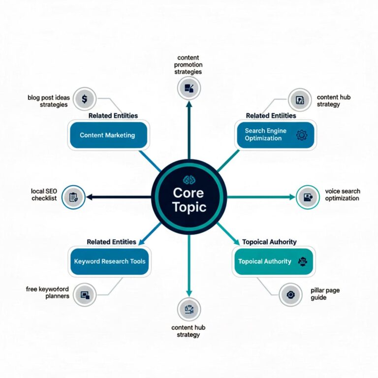 A magnifying glass over a search bar illustrating the key steps in How to Do Keyword Research for SEO, with growth charts and traffic icons.
