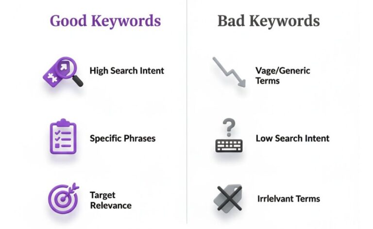 Side-by-side comparison chart illustrating How to find keywords for content writing by contrasting Good Keywords (High Search Intent, Specific Phrases) with Bad Keywords (Vague/Generic, Low Search Intent).