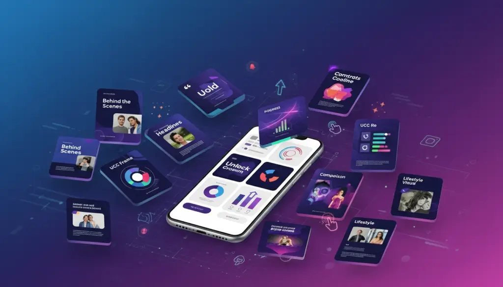 A 3D digital visualization of 12 scroll-stopping social media post design ideas, featuring a central smartphone surrounded by floating UI cards for lifestyle content, behind-the-scenes shots, and data-driven analytics.