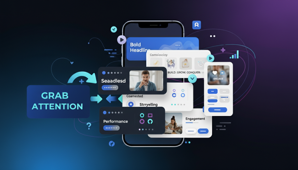 A dynamic digital guide on how to carousel social media post design, featuring a central smartphone mockup surrounded by floating UI elements like "Grab Attention," "Bold Headline," and engagement metrics.
