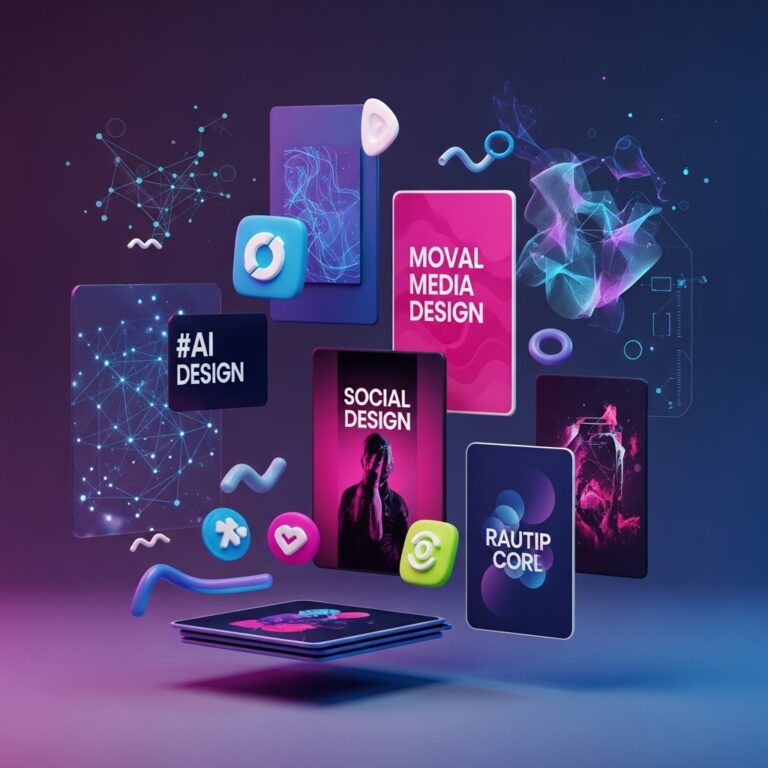 A 3D abstract visualization of how to creative social media poster design, featuring floating neon UI cards, AI design elements, and futuristic social media layouts.