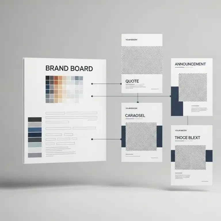 A technical brand board framework showcasing social media post design ideas for quotes, carousels, and announcements, emphasizing color palette and layout consistency.