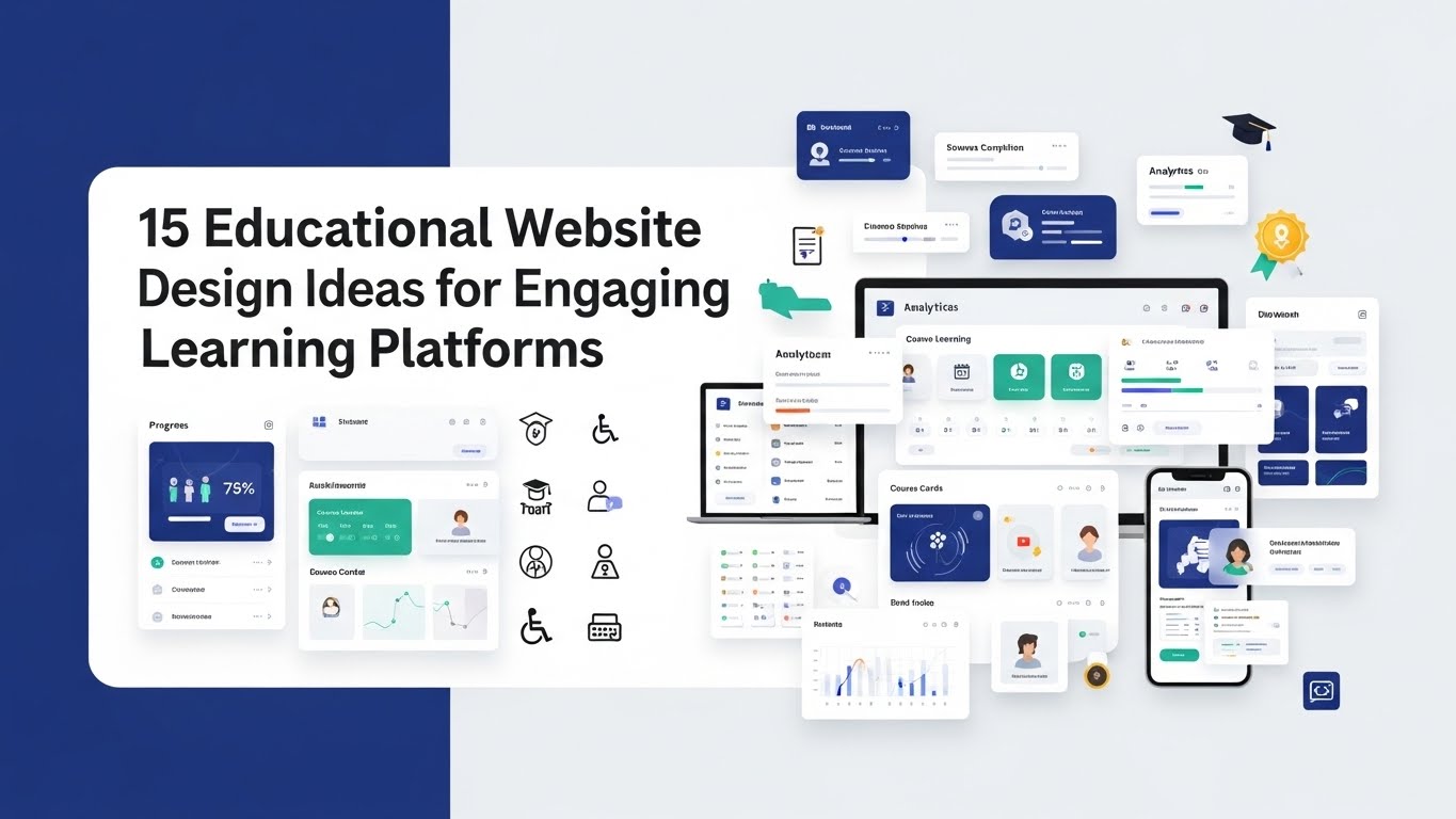 A comprehensive digital showcase of 15 educational website design ideas featuring student progress dashboards, course cards, and mobile learning interfaces.