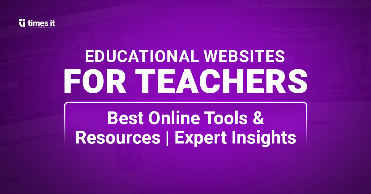 A professional graphic highlighting educational websites for teachers, featuring a digital interface with diverse learning icons like a globe, book, and computer mouse.