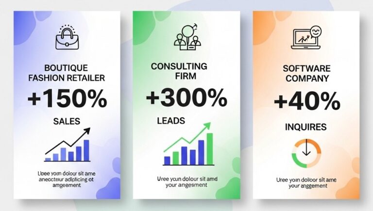 A data-driven infographic showcasing the real-world results of what are social media packages, featuring major increases in sales, leads, and inquiries.