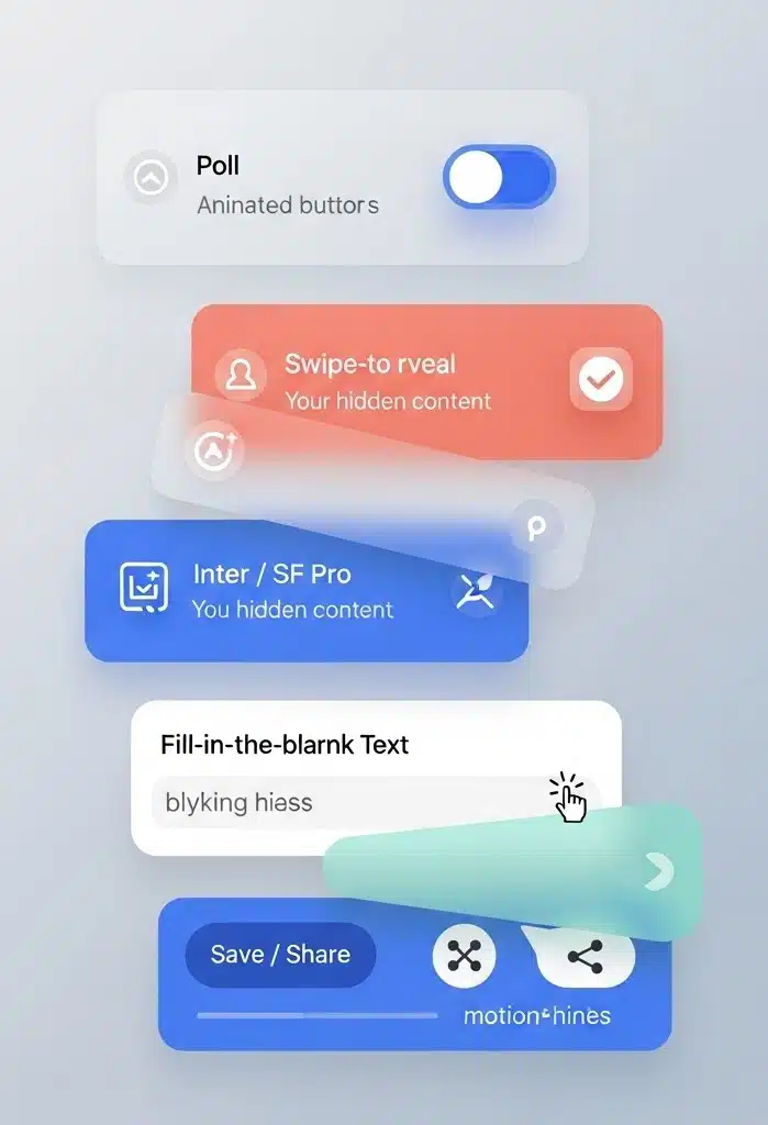 A 3D layered graphic showcasing interactive elements for how to carousel social media post design, featuring animated poll buttons, swipe-to-reveal panels, and save/share icons.