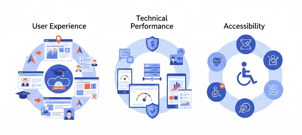 Infographic showing key foundations of successful educational websites including user experience, performance, and accessibility.
