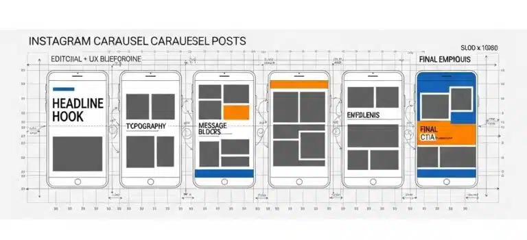 A technical wireframe blueprint for how to carousel social media post design, showcasing a 6-slide transition sequence from the initial headline hook to the final call-to-action.