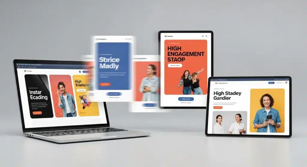 A professional digital workspace with a laptop and tablet displaying high-engagement graphic layouts, serving as a visual guide on how to make a social media poster with bold typography and vibrant color palettes.