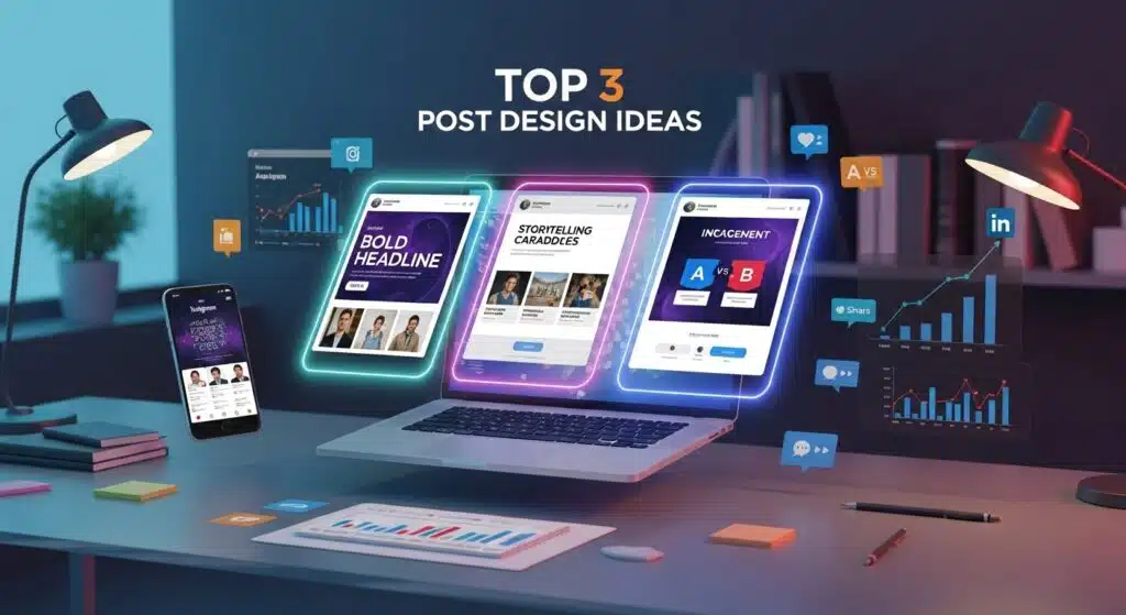 A high-tech professional workspace showcasing a laptop and smartphone with three glowing digital mockups illustrating post design ideas about top 3 things, including bold headlines, storytelling carousels, and interactive engagement posts.