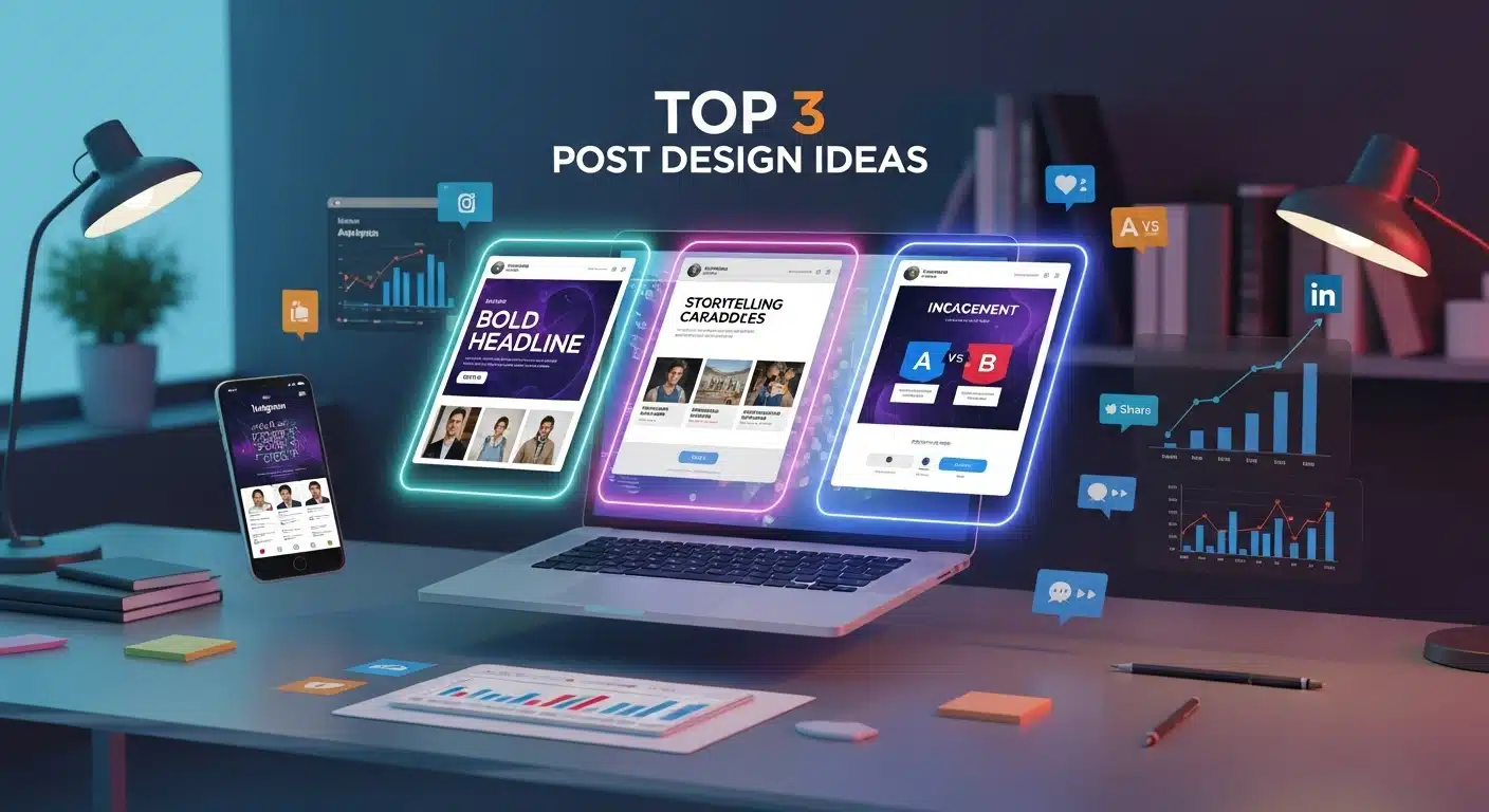 A high-tech professional workspace showcasing a laptop and smartphone with three glowing digital mockups illustrating post design ideas about top 3 things, including bold headlines, storytelling carousels, and interactive engagement posts.