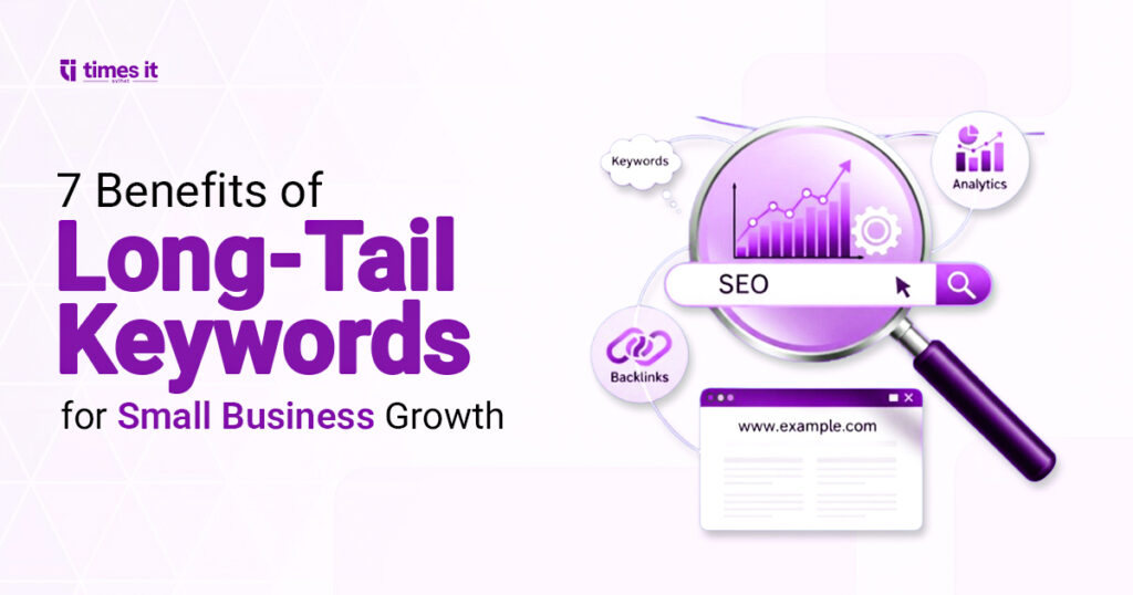 Infographic titled "7 Benefits of Long-Tail Keywords for Small Business Growth," featuring a magnifying glass over an SEO search bar with icons for analytics, backlinks, and traffic growth.