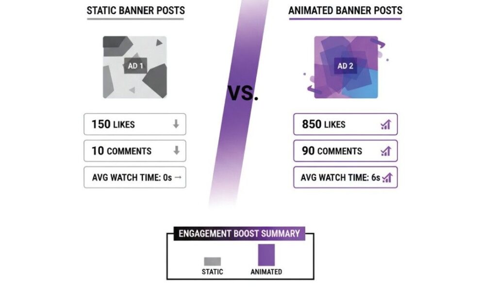 How to make an Instagram banner post comparison showing static banner posts versus animated banner posts, highlighting higher likes, more comments, and longer average watch time for animated Instagram banners.