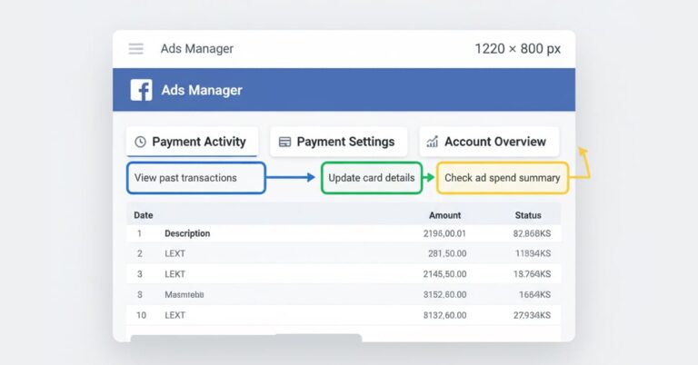 Annotated screenshot of the Facebook Ads Manager dashboard showing tabs for Payment Activity, Payment Settings, and Account Overview, detailing the interface for How Facebook ads payment works.