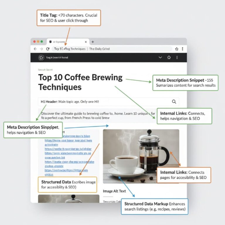 Annotated webpage screenshot illustrating key On-Page SEO elements, including Title Tag, H1 Header, Meta Description, Internal Links, Image Alt Text, and Structured Data Markup for On Page Off Page and Technical SEO success.