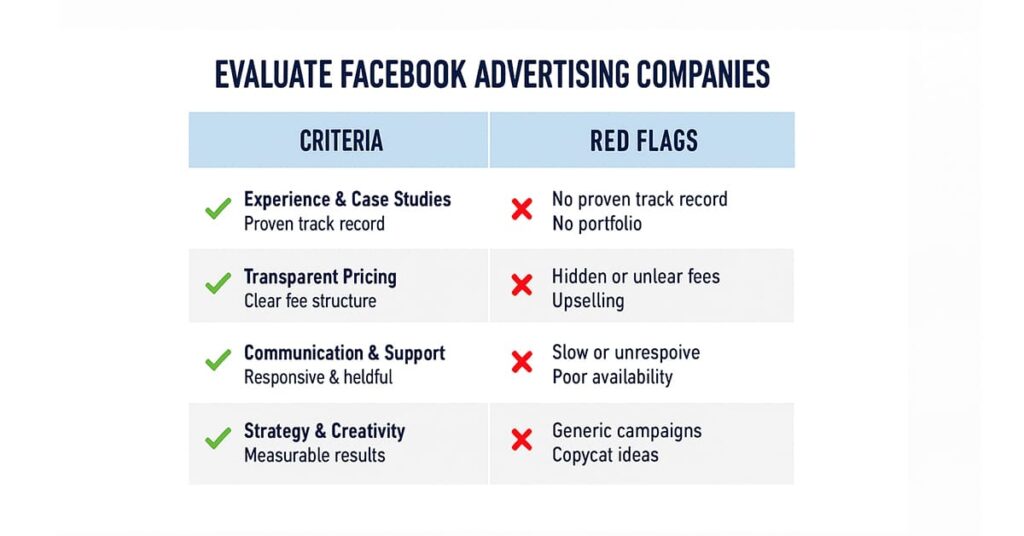 Flowchart showing the five key sources—Directories, Networks, Freelance Platforms, and Referrals—that businesses use when researching how to find Facebook advertising companies.