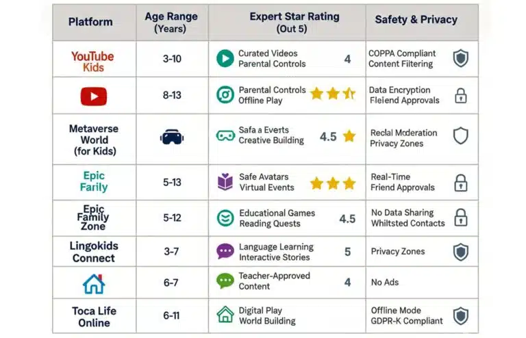 Comparison table of kid-friendly social media platforms showing age ranges, expert star ratings, key features, and safety and privacy protections for children.
