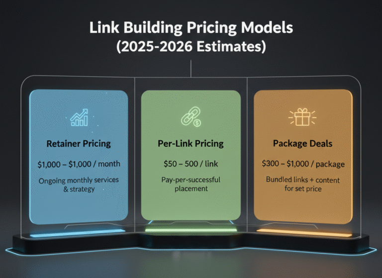 A modern comparison graphic displaying three link-building pricing models for 2025–2026: Retainer Pricing, Per-Link Pricing, and Package Deals, each shown in separate illuminated panels with icons and cost ranges.