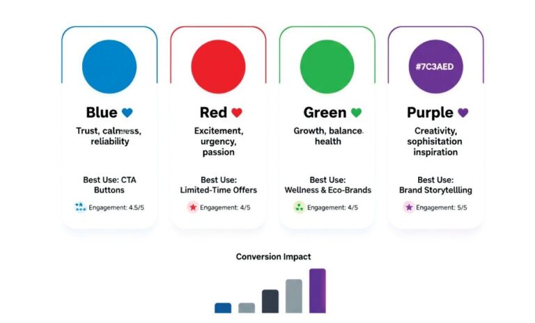 Infographic showing Instagram banner color psychology and how blue, red, green, and purple influence emotions and engagement when learning how to make an Instagram banner post.